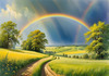 Fresh Verdant Meadow with Glistening Raindrops and Distant Rainbow
