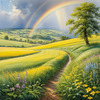 Fresh Verdant Meadow with Glistening Raindrops and Distant Rainbow