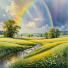 Fresh Verdant Meadow with Glistening Raindrops and Distant Rainbow
