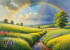Fresh Verdant Meadow with Glistening Raindrops and Distant Rainbow
