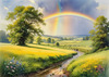 Fresh Verdant Meadow with Glistening Raindrops and Distant Rainbow
