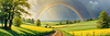 Fresh Verdant Meadow with Glistening Raindrops and Distant Rainbow
