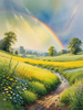 Fresh Verdant Meadow with Glistening Raindrops and Distant Rainbow