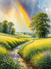 Fresh Verdant Meadow with Glistening Raindrops and Distant Rainbow