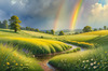 Fresh Verdant Meadow with Glistening Raindrops and Distant Rainbow