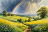 Fresh Verdant Meadow with Glistening Raindrops and Distant Rainbow