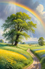 Fresh Verdant Meadow with Glistening Raindrops and Distant Rainbow