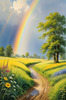 Fresh Verdant Meadow with Glistening Raindrops and Distant Rainbow