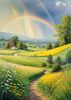 Fresh Verdant Meadow with Glistening Raindrops and Distant Rainbow