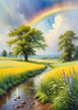 Fresh Verdant Meadow with Glistening Raindrops and Distant Rainbow