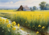 Yellow Canola Fields in Bloom Contrasted by Blue Sky and Distant Barn Landscape Print