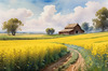 Yellow Canola Fields in Bloom Contrasted by Blue Sky and Distant Barn Landscape Print