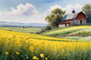 Yellow Canola Fields in Bloom Contrasted by Blue Sky and Distant Barn Landscape Print