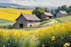 Yellow Canola Fields in Bloom Contrasted by Blue Sky and Distant Barn Landscape Print