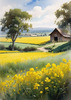 Yellow Canola Fields in Bloom Contrasted by Blue Sky and Distant Barn Landscape Print