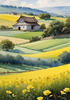 Yellow Canola Fields in Bloom Contrasted by Blue Sky and Distant Barn Landscape Print