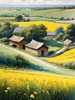 Yellow Canola Fields in Bloom Contrasted by Blue Sky and Distant Barn Landscape Print