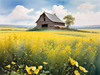 Yellow Canola Fields in Bloom Contrasted by Blue Sky and Distant Barn Landscape Print