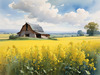 Yellow Canola Fields in Bloom Contrasted by Blue Sky and Distant Barn Landscape Print