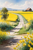 Yellow Canola Fields in Bloom Contrasted by Blue Sky and Distant Barn Landscape Print