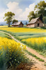 Yellow Canola Fields in Bloom Contrasted by Blue Sky and Distant Barn Landscape Print