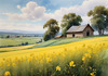 Yellow Canola Fields in Bloom Contrasted by Blue Sky and Distant Barn Landscape Print