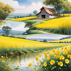 Yellow Canola Fields in Bloom Contrasted by Blue Sky and Distant Barn Landscape Print