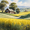 Yellow Canola Fields in Bloom Contrasted by Blue Sky and Distant Barn Landscape Print