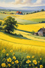 Yellow Canola Fields in Bloom Contrasted by Blue Sky and Distant Barn Landscape Print