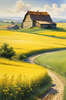 Yellow Canola Fields in Bloom Contrasted by Blue Sky and Distant Barn Landscape Print