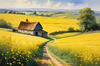 Yellow Canola Fields in Bloom Contrasted by Blue Sky and Distant Barn Landscape Print