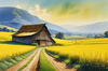 Yellow Canola Fields in Bloom Contrasted by Blue Sky and Distant Barn Landscape Print