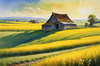 Yellow Canola Fields in Bloom Contrasted by Blue Sky and Distant Barn Landscape Print