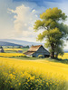 Yellow Canola Fields in Bloom Contrasted by Blue Sky and Distant Barn Landscape Print