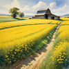 Yellow Canola Fields in Bloom Contrasted by Blue Sky and Distant Barn Landscape Print
