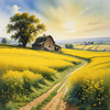 Yellow Canola Fields in Bloom Contrasted by Blue Sky and Distant Barn Landscape Print