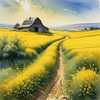 Yellow Canola Fields in Bloom Contrasted by Blue Sky and Distant Barn Landscape Print
