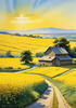 Yellow Canola Fields in Bloom Contrasted by Blue Sky and Distant Barn Landscape Print
