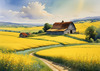 Yellow Canola Fields in Bloom Contrasted by Blue Sky and Distant Barn Landscape Print