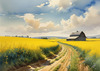Yellow Canola Fields in Bloom Contrasted by Blue Sky and Distant Barn Landscape Print
