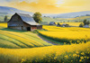 Yellow Canola Fields in Bloom Contrasted by Blue Sky and Distant Barn Landscape Print