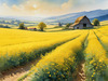 Yellow Canola Fields in Bloom Contrasted by Blue Sky and Distant Barn Landscape Print