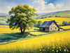 Yellow Canola Fields in Bloom Contrasted by Blue Sky and Distant Barn Landscape Print