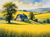 Yellow Canola Fields in Bloom Contrasted by Blue Sky and Distant Barn Landscape Print