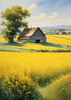Yellow Canola Fields in Bloom Contrasted by Blue Sky and Distant Barn Landscape Print