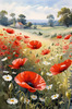 Bright Red Poppy Field with White Daisies Against Blue Sky Art Print