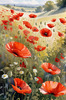 Bright Red Poppy Field with White Daisies Against Blue Sky Art Print