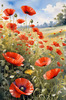 Bright Red Poppy Field with White Daisies Against Blue Sky Art Print