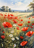 Bright Red Poppy Field with White Daisies Against Blue Sky Art Print