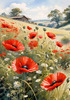 Bright Red Poppy Field with White Daisies Against Blue Sky Art Print